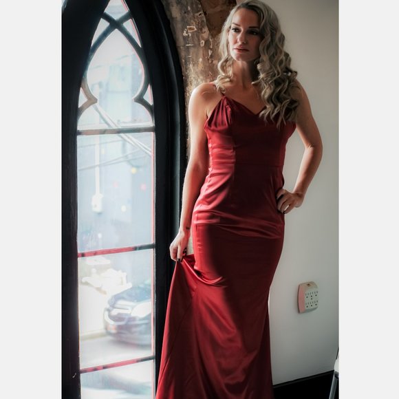 60442 Satin Gown in Merlot and Peacock color - Picture 6 of 10